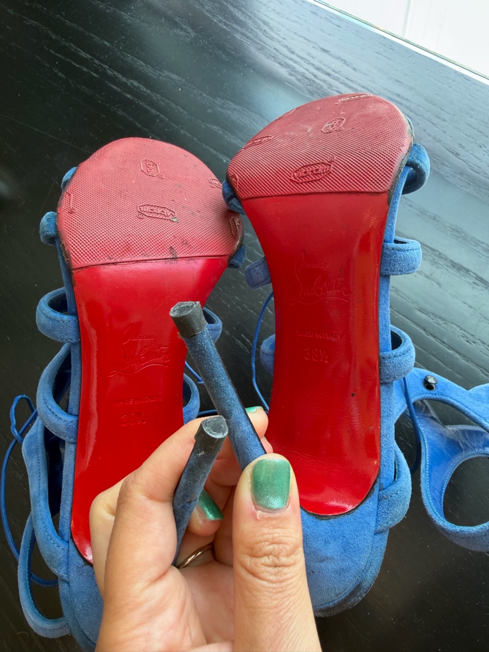 Christian Louboutin AMAZOULO Blue Suede Lace Up High-Heel Sandals 100MM, 38.5 ๐ - Picture 5 of 8